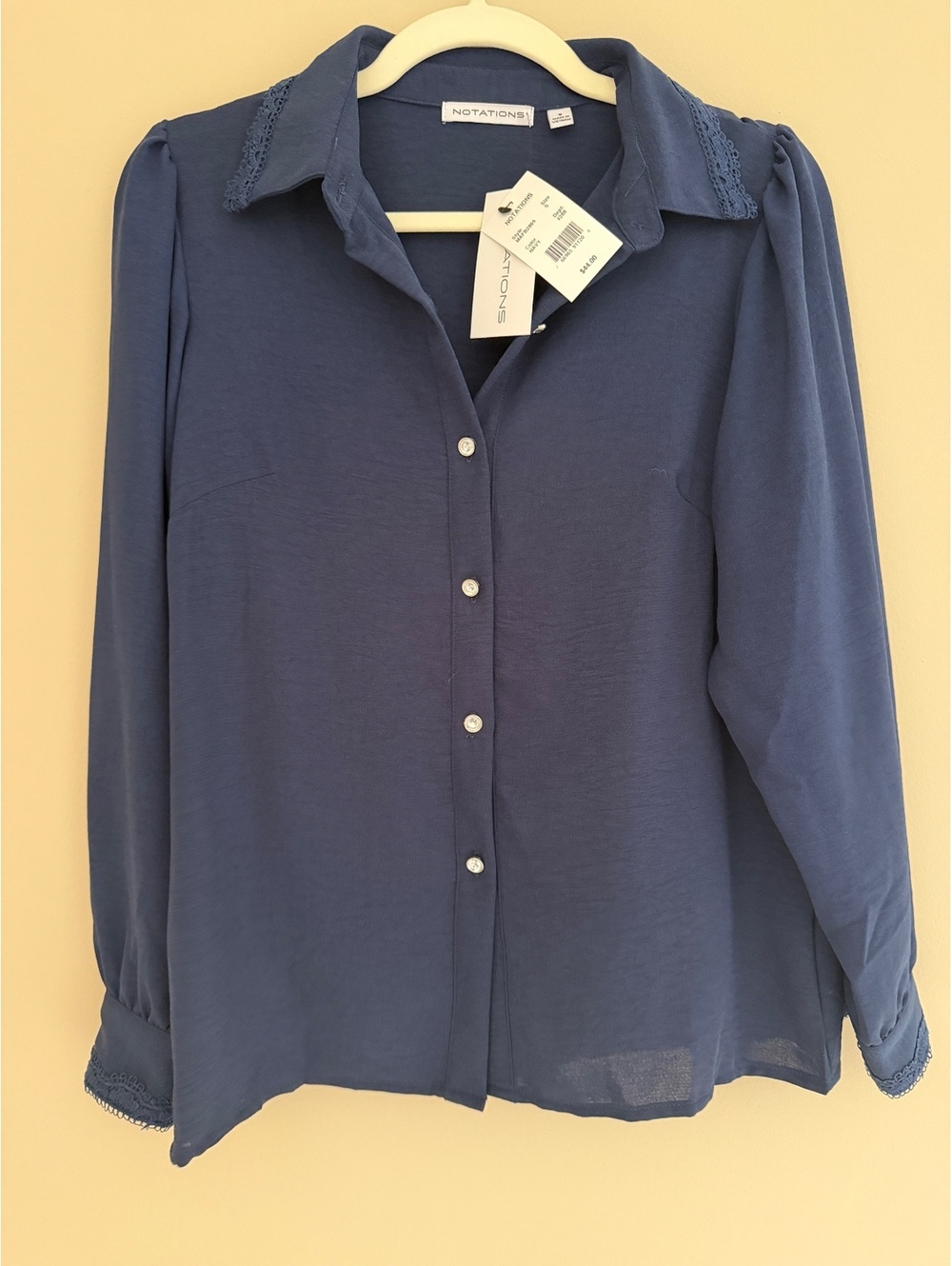 S navy lace button down, Notations